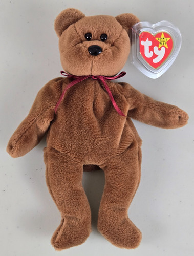 TY BEANIE BABY TEDDY THE BEAR 1993 TUSH TAG 9" BROWN BURGUNDY BOW 4050 RETIRED