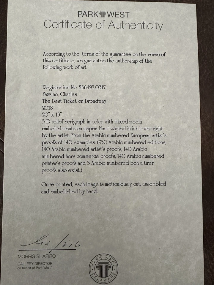 3D-произведение искусства Чарльза Фаззино, лучший билет на Бродвей 38 x 30 дюймов в рамке, Нью-Йорк - Изображение 3 из 4