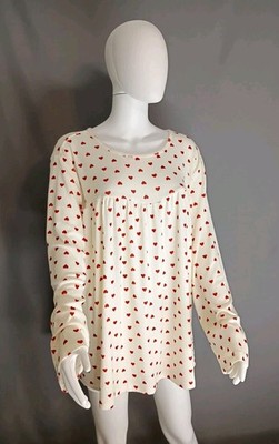 Women's Knit, Soft, Pleated Blouse, White with Red Hearts, Long Sleeve, Size 2XL