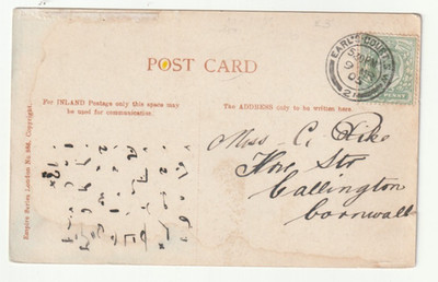 ORIGINAL ALTE POSTKARTE MIT CHIFFRE / CODE BOTSCHAFT GEBRAUCHT EARLS COURT 1905