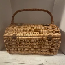 Picnic at Ascot Barrel Picnic Basket  Canvas Lined Rattan W/Leather  - serves 4