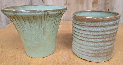 Lot Of Vintage Frankoma Pottery Green Fluted Vase Planter MCM A6, 272 Old
