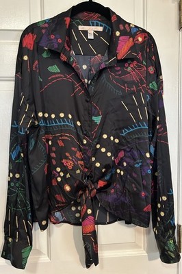 Hutch Robbie Tie Front Blouse Size Large Black Abstract Art To Wear Artsy