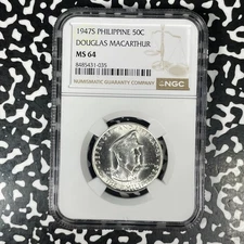 1947-S Philippines MacArthur 50 Centavos NGC MS64 Lot#G1449 Silver! Choice UNC!