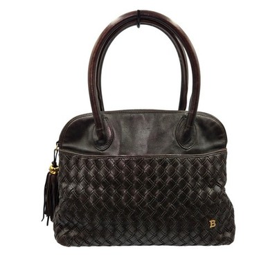 Bally Dark Brown Woven Leather Tassel Satchel Handbag Made in Italy