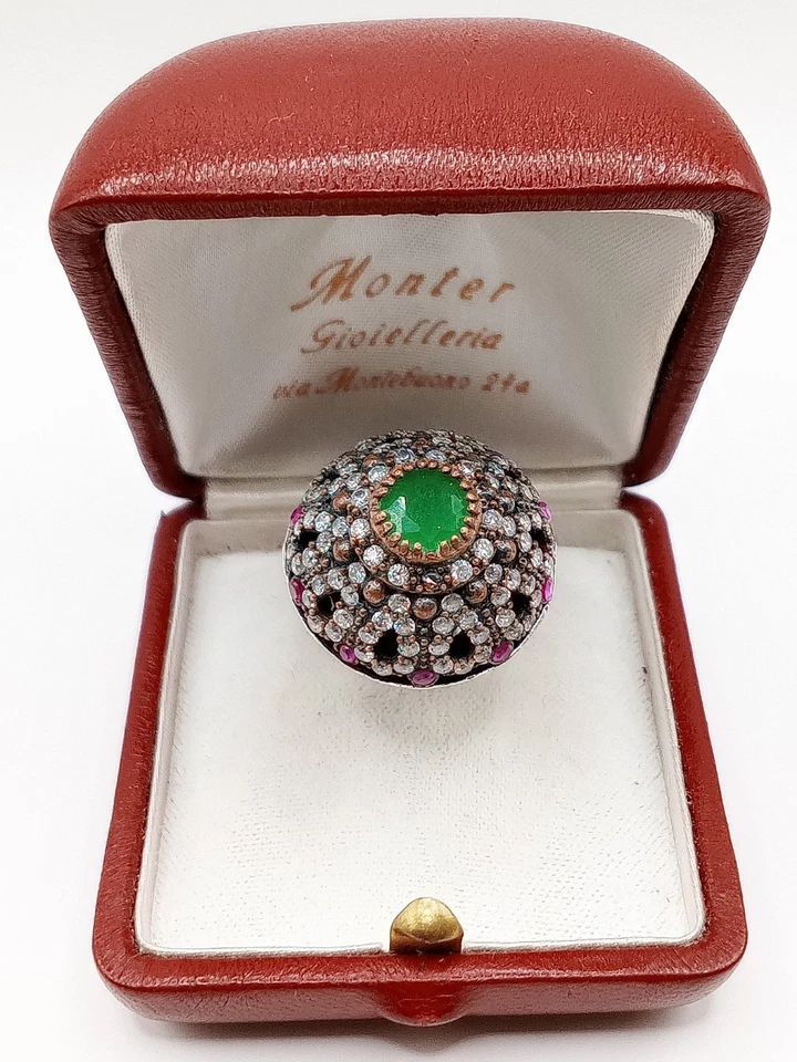 Anello Antico Vintage Argento Cupola Stile Turco Pietra Smeraldo Topazio Rubino - Immagine 2 di 4