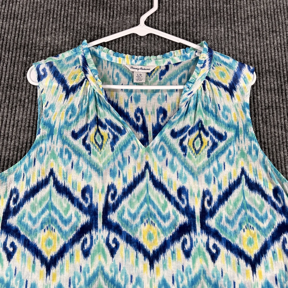 Tommy Bahama Майка женщин большой синий зеленый Ikat рубашка без рукавов Summer Beach - Изображение 4 из 4