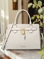 Michael Kors Hamilton Women Medium MK Logo Print Satchel Bag Light Cream Multi