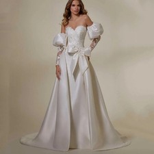 Lace Customized Bow Wedding Dress with Detachable Train Puff Sleeve Bride Gowns
