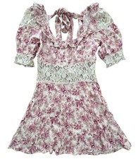 Free People Lace Floral Dress Womens 4 Pink Fit & Flare Ruffle Tie Back Puff