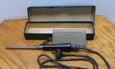 Vintage Thermax Antique Curling Iron Wood Handles Hair Styling