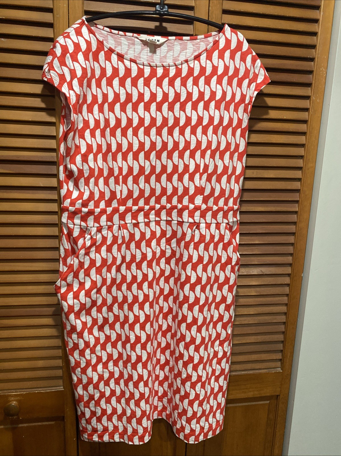 Boden Size 14  Orange/Red, White Geometric Cap Sleeve Jersey Knit Dress