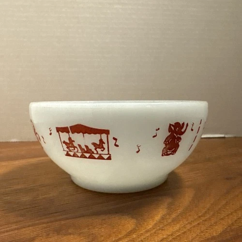 Vintage Fire King Pale Blue Red Circus Children's Bowl  EUC