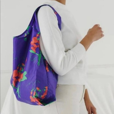 BAGGU Standard Reusable Shopping Bag Blue Sweet Pea Floral 100% Nylon 50lbs