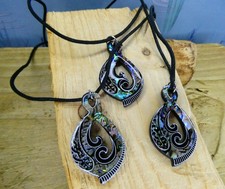 New Zealand Abalone Paua Shell Maori Pikorua Pendant Cord Necklace  48cm/19"