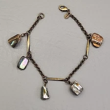 Monet Abalone Charm Bracelet Natural Nuggets Antiqued Gold Tone Bar Link 7.25"