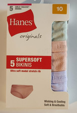 Hanes Originals Girls Size 10 Super Soft Bikini Underwear Stretch Rib 5 Pack