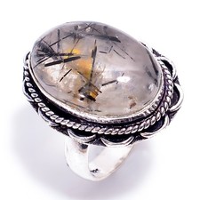 Natural Black Rutile Quartz Gemstone 925 Sterling Silver Handmade Ring 5.5 US