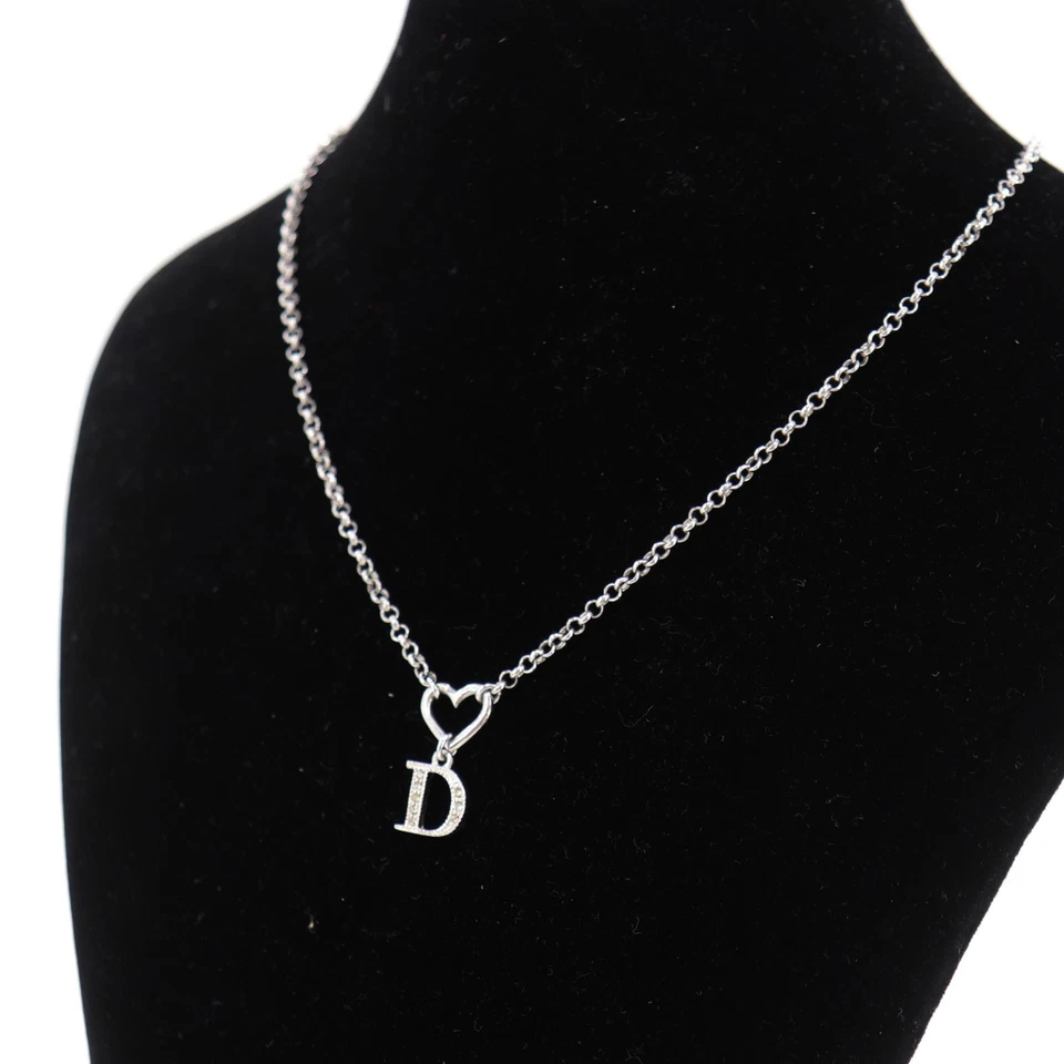 Collar de cadena usado con logotipos de Christian Dior corazón estrás plata #EJ427 O Foto 2 de 4