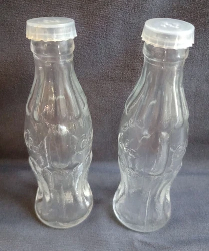 VTG Coca-Cola Clear Glass Bottles Salt & Pepper Shakers Plastic Lid Taiwan 4"