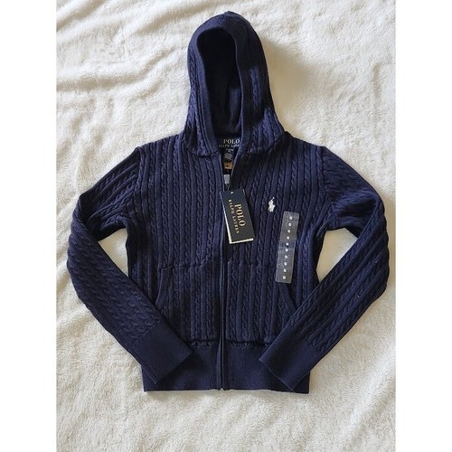 POLO Ralph Lauren NWT full zip Cardigan Girls size Small 7 Navy Blue Hooded