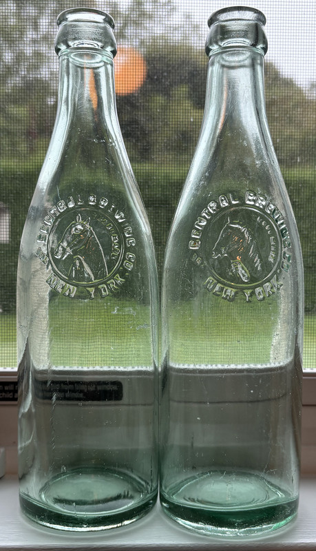 2 DIF GREEN VINTAGE EMBOSSED CENTRAL BREWING COMPANY HORSE NEW YORK BEER BOTTLES