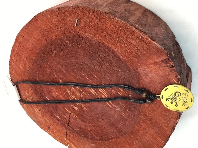 GOLD SCORPIO ZODIAC CHARM WITH BLACK ADJUSTABLE CORD NECKLACE WITH WOOD BEADS 