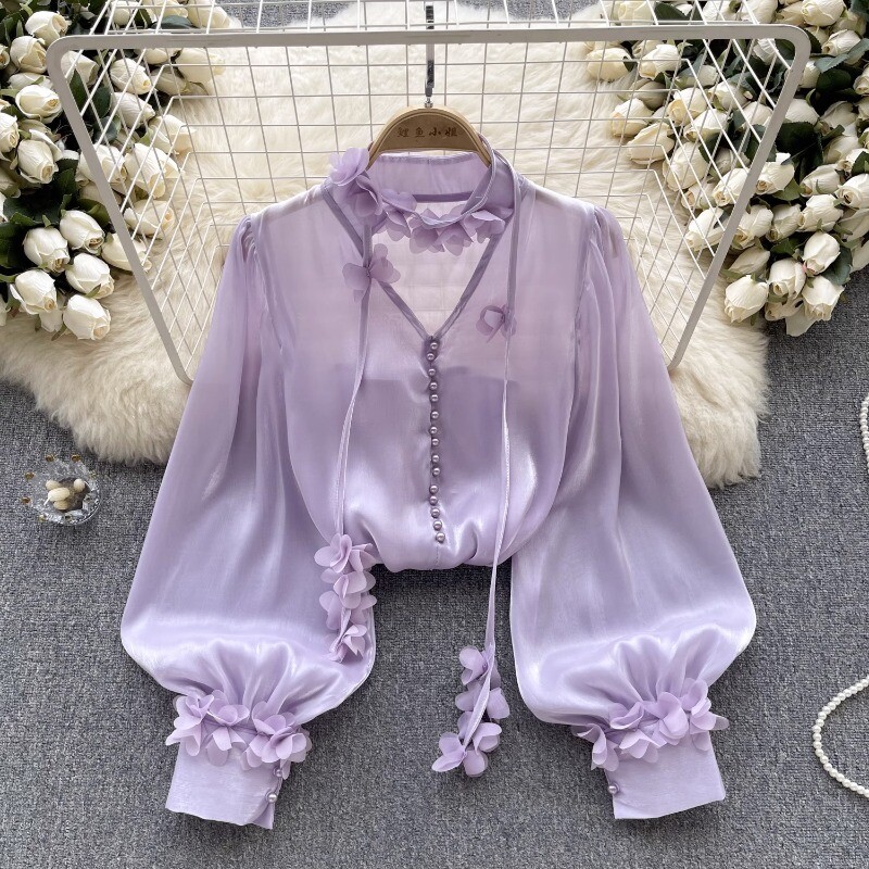 Women Shiny Satin Blouse Shirt Top V-neck Puff Sleeve Sheer Summer Ruffle  Blouse