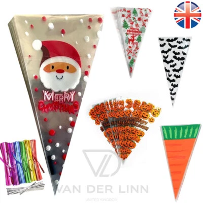 Van Der Linn Christmas Cello cone bags Gift Party Treat Xmas Snowflake Halloween