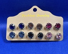 Fashion Boho Festival Glamour Assorted Silver Colored Gem Stud Earring Set Of 6