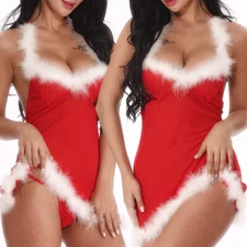 XMAS Women Sexy Lingerie Red Santa Babydoll Lace Sleepwear Costume Underwear Set