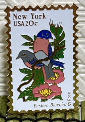 Vintage New York Eastern Bluebird & Rose 20cents USPS Stamp Pinback Jayne Co.