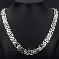 11mm Men's Silver Flat Byzantine Chain Necklace 316L Stainless Steel 18-36" Xmas