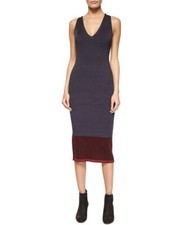 RAG & BONE Blue Red Colorblock Ribbed Knit V-Neck Midi Sweater Dress L = 10/12