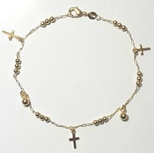 Rosary Ankle Bracelet 9.75 inch Long Gold Filled Crosses and Ball Anklet    11a