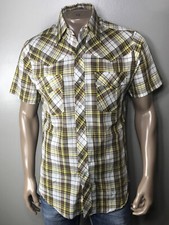 Vtg "80s MONARCH Men Size Med Plaid Western SHIRT Clear Pearl Snaps Rockabilly