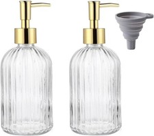 TRIXES Ribbed Glass Soap Dispenser Bottles - 2 Pack - Gold with Silicone Funnel