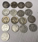 Lot of 17 Washington & Others 25C 90% silver quarters. 1942 to 1964