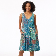 OEFEEAN Floral Sleeveless V Neck Pocket Swing Dress Blue Green Large