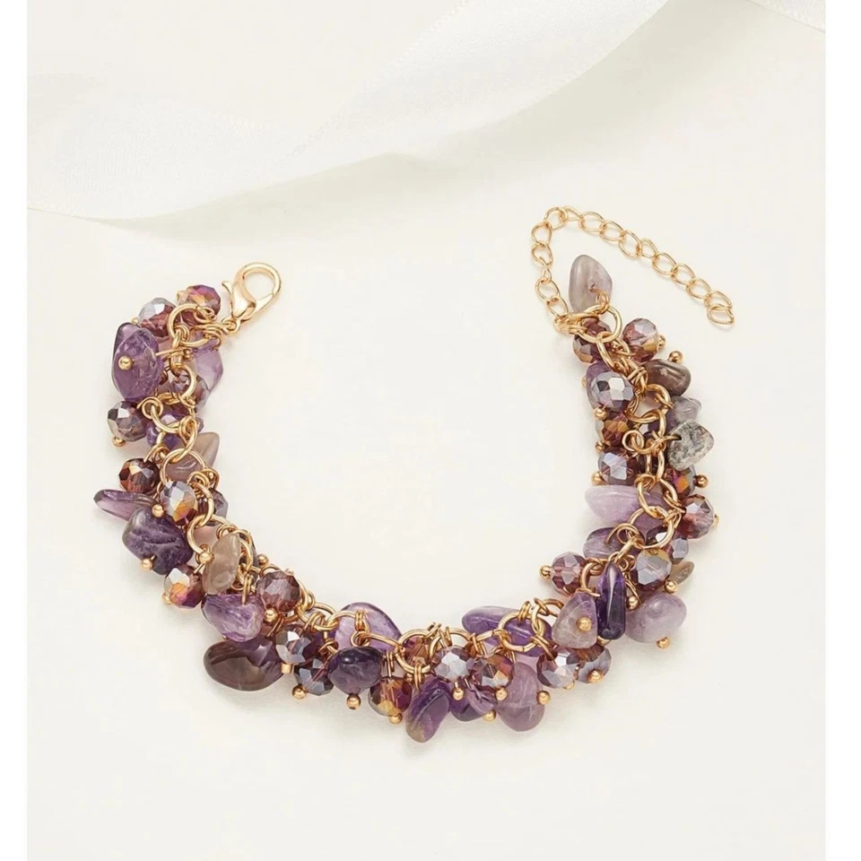 Brazalete Borla Multi Piedras Preciosas Amatista Púrpura Ajustable Cristales Asimétricos Dorado Foto 3 de 4