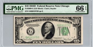 1934 D $10 Dollar Chicago PMG 66 Uncriculated Green Seal Bill US Federal Reserve