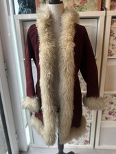Vintage 1970s Afghan Penny Lane Coat Hooded Leather Fur Trim Red Size Small 70s