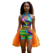 Allegria CROP TOP  SHORTS Adult Large Dance Costume With Tulle Backskirt