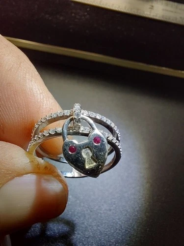 Vtg. 925 - White & Ruby Colored CZ Crystals With Dangle Heart-shaped Charm-SZ: 8