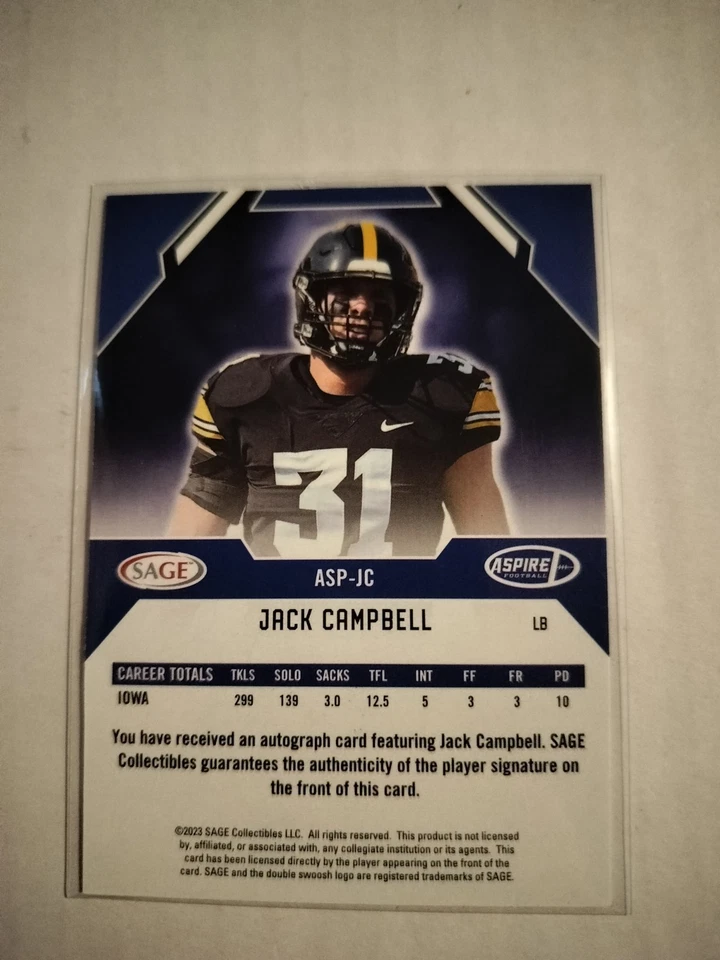 2023 Sage Aspire Jack Campbell Rookie Auto Red Foil Detroit Lions - Image 2 of 2