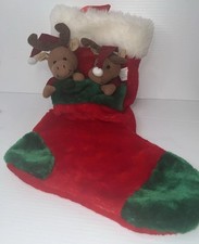 Vintage 3d Reindeer Christmas Stocking Holiday Red White Green Brown Plush
