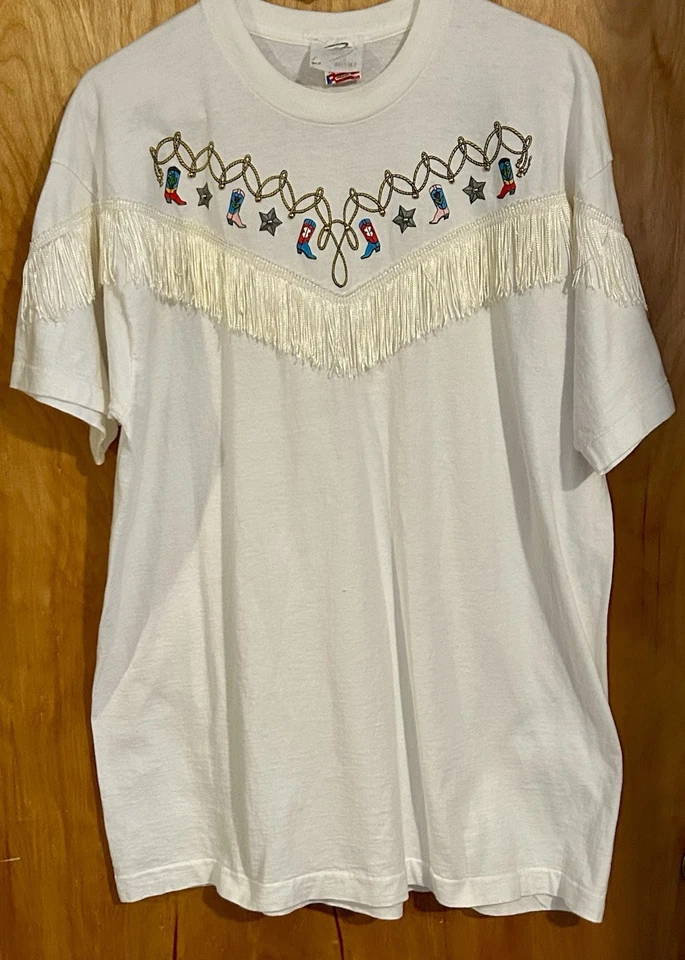 Camiseta faroeste com franjas marca Buffalo branca tamanho XL vintage cowboy feminina - Imagem 3 de 4