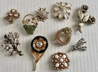 Lot of 10 Vintage Brooches and Pins-- Flowers, Branches, Rhinestone,  Milk Glass