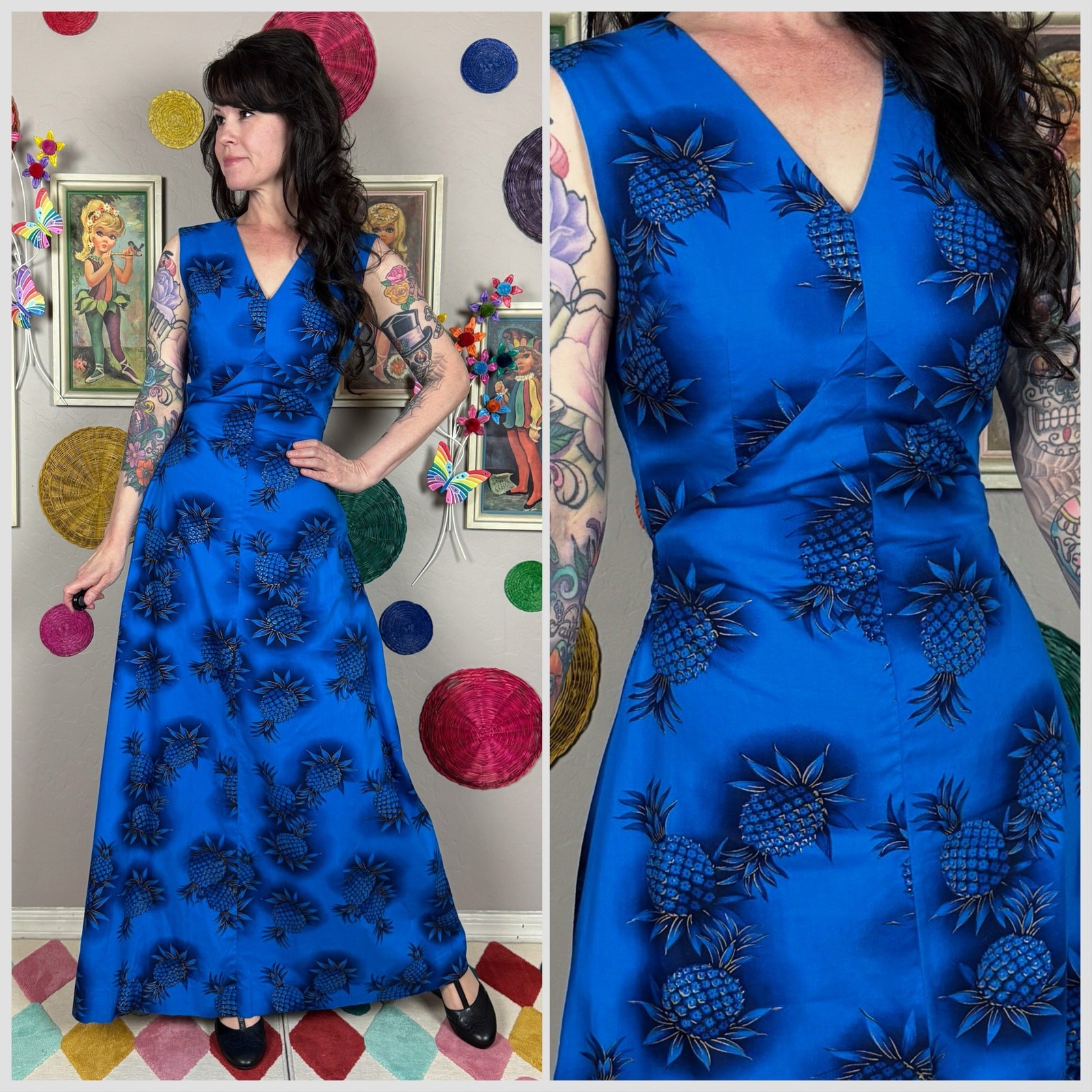 Maxi Vestido Tiki Vintage Años 50 Estampado Piña Azul y Dorado | Cintura 26"