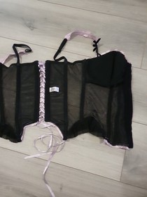 Vintage Ann Summers Black & Dusky Pink Boned Corset Top Size 8-10
